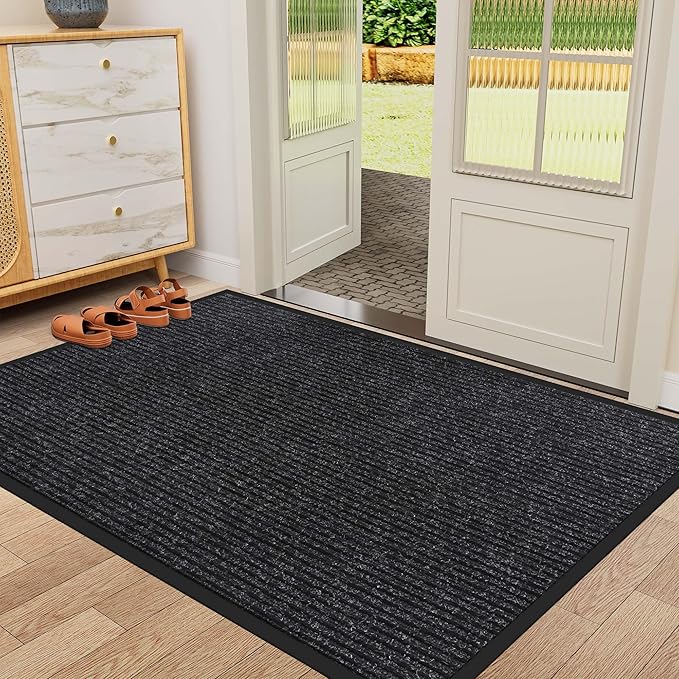 Indoor Outdoor Door Mat, 10' x 3' Doormat for Entryway, Rubber Backing Non Slip Front Door Mat Outside Entrance, Super Absorbent Commercial Floor Mat for Home Office, Black
