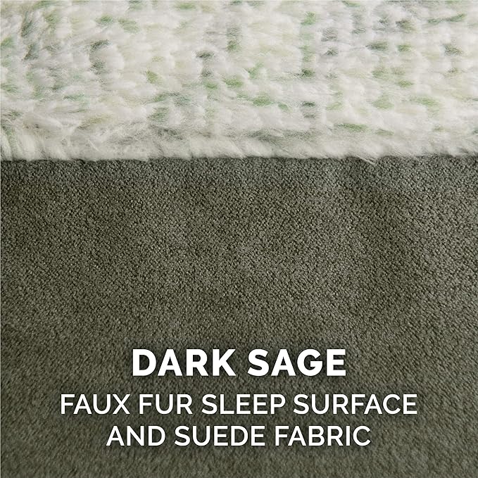 Furhaven Cooling Gel Dog Bed for Medium/Small Dogs w/ Removable Bolsters & Washable Cover, For Dogs Up to 35 lbs - Two-Tone Plush Faux Fur & Suede L Shaped Chaise - Dark Sage, Medium