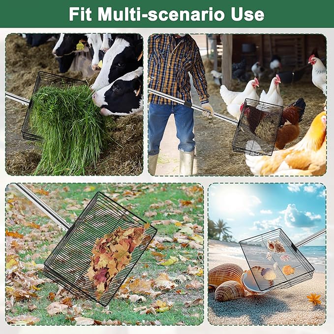 15-inch Large Chicken Poop Scooper, 5 in 1 Adjustable Chicken Coop Scoop with Ergonomic Grip, 24" to 77" Long Stainless Steel Sifting Litter Shovel Pooper Scooper Chicken Coop Accessories