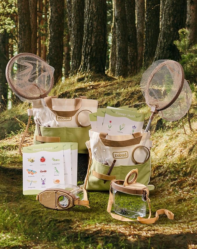 ROBUD Dual Kids Explorer Kit, Bug Catcher Kit with Bags Kit, Green Outdoor Exploration Set for Camping, Montessroi Toy for Kids Coming Closer to Nature，WRP29
