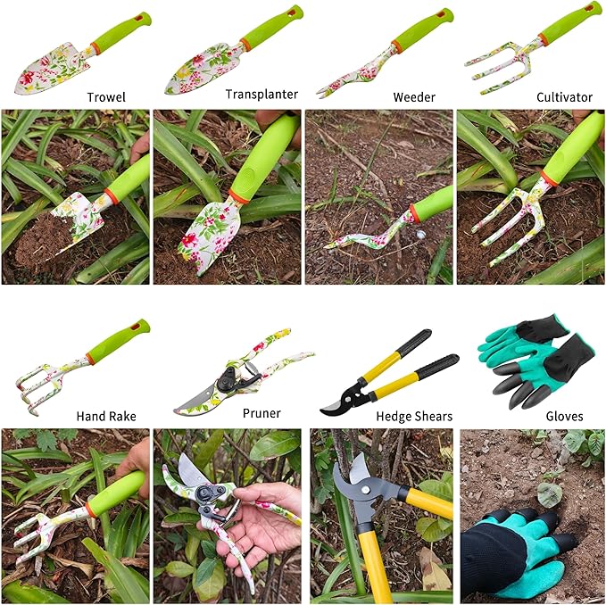 Gardening Tools – 42 Piece Premium Gardening Tool Set,Heavy Duty Hand Tools with Fashion Garden Tools Organizer Handbag,Rust-Proof Gardening Tool Kit, Ideal Gardening Gifts for Women(Pink Floral)