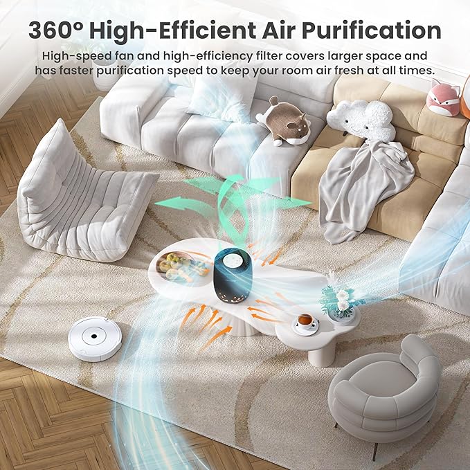 Air Purifiers for Home Bedroom up to 1076ft², True HEPA Air Filters Dust Pets Smoke Hair, 3 Fan Speeds Quiet, Timer Settings, Rechargeable Air Cleaner Office, Bedroom, Pets, Car(Black)