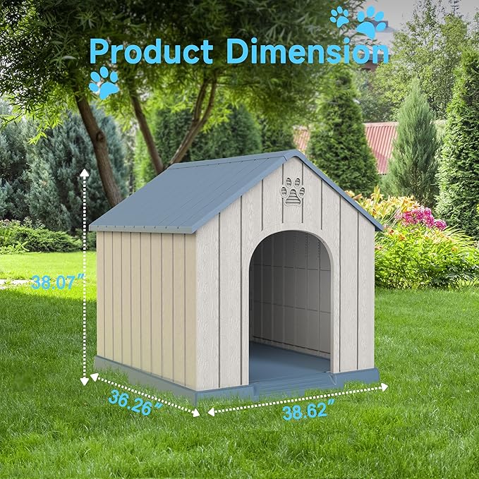 Vixzen 38in Large Outdoor Dog House,Durable Water Resistant Resin Dog House,Doghouse for Small to Large Dogs Indoor or Outside,with Air Vent and Elevated Floor,Blue
