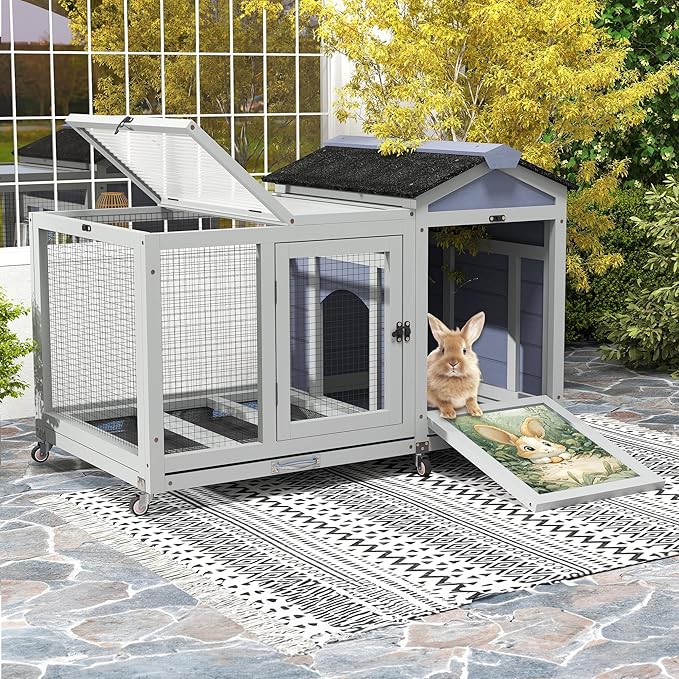 COZIWOW 39inches Assembled Wood Rabbit Hutch Indoor，Wide Space Small Animal Houses with Removable Tray&Safety Lock，Bunny Cage with Waterproof Roof&Solar Panels (Grey with Pattern)