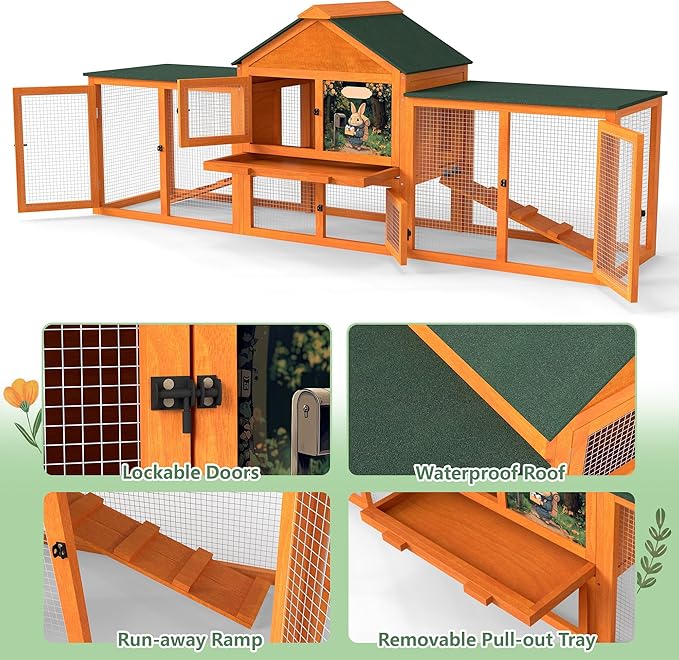 COZIWOW 82” Extra Large Fashion Wooden Outdoor Rabbit Hutch Bunny Cage Indoor Easy to Assemble and Durable with Cleaning Tray & Waterproof Roof for Small & Medium Bunny Rabbit Duck Chick (Orange)