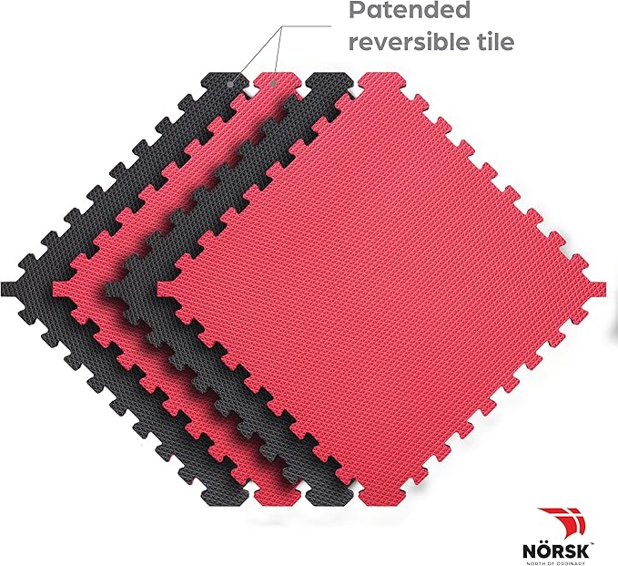 Norsk Reversible Gym Exercise Mats 3/4" Thick EVA Interlocking Foam Tiles, Perfect Home Gym Flooring, 20 Tiles & 40 Trim Pieces, 80 Sq. Ft. Reversible, Red/Black