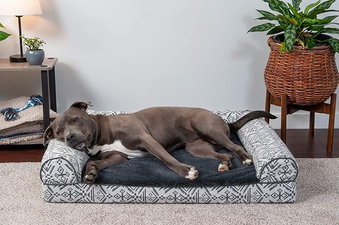 Furhaven Orthopedic Dog Bed for Large/Medium Dogs w/ Removable Bolsters & Washable Cover, For Dogs Up to 55 lbs - Plush & Southwest Kilim Woven Decor Sofa - Boulder Gray, Large