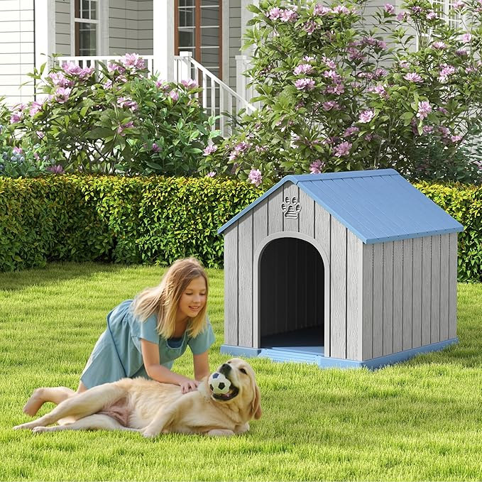 Large Dog House Outdoor Indoor for Medium Large Dogs, Durable Plastic Waterproof Doghouse with Air Vents and Elevated Floor, Easy Clean and Assemble (Blue, 36.2''L×38''W×38''H)