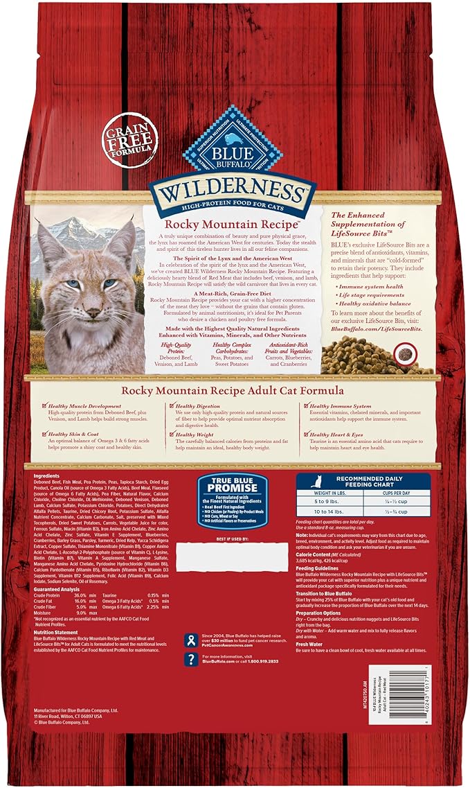 Blue Buffalo Wilderness Adult Dry Cat Food, Rocky Mountain Recipe, Chicken-Free & Grain-Free Recipe Made with Natural Ingredients, Red Meat, 4-lb Bag