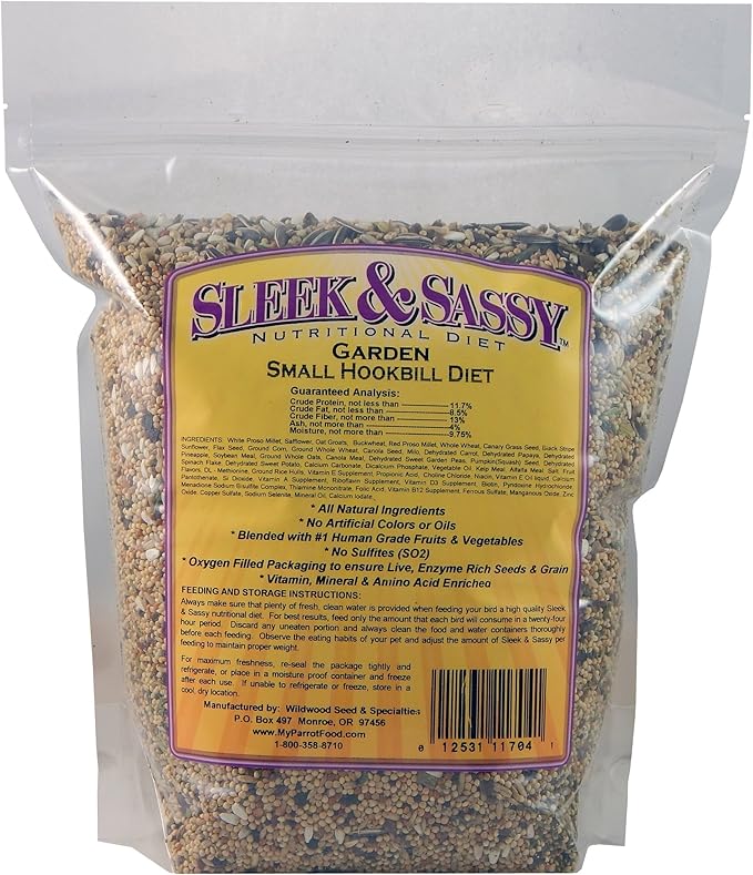 SLEEK & SASSY Garden Small Hookbill Bird Food for Cockatiels, Lovebirds, Quaker Parrots & Small Conures (4 lbs.)