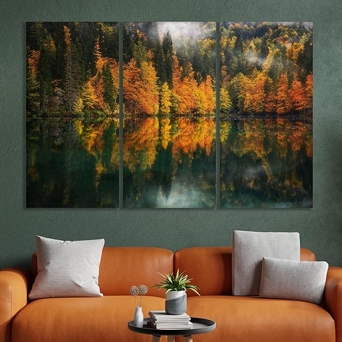 Nature Wall Art Prints - Ocean Forest Mountain Lake Canvas Landscapes - Small to Extra Large Living Room Bedroom Kitchen Bathroom Décor (Autumn by the Lake, 47L" x 71W" - 3 panels)