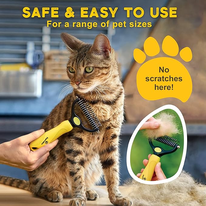 Deshedding Dog Brush - Double-Sided Pet Hair Remover for Cats & Dogs - Yellow Undercoat Grooming Rake for Shedding and Dematting