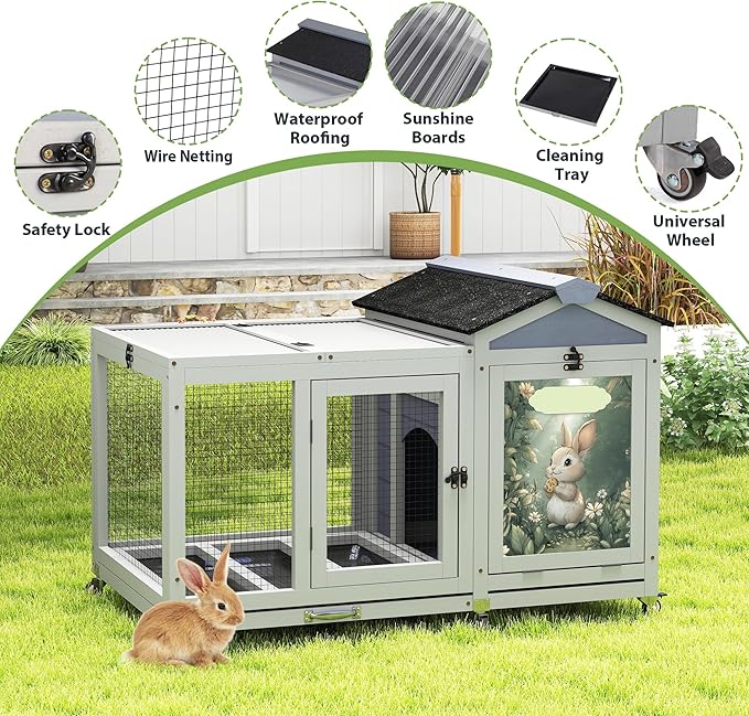 COZIWOW 39inches Assembled Wood Rabbit Hutch Indoor，Wide Space Small Animal Houses with Removable Tray&Safety Lock，Bunny Cage with Waterproof Roof&Solar Panels (Grey with Pattern)