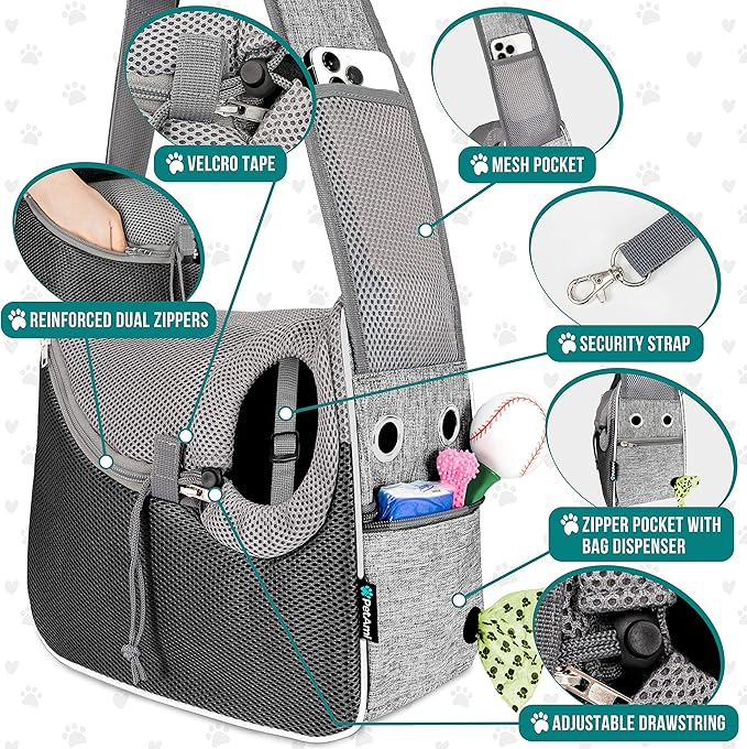 PetAmi Small Dog Sling Carrier, Soft-Sided Crossbody Puppy Carrying Purse Bag, Adjustable Sling Pet Pouch to Wear Medium Dog Cat Travel, Dog Bag for Traveling, Poop Bag Dispenser, Max 10 lbs, Gray