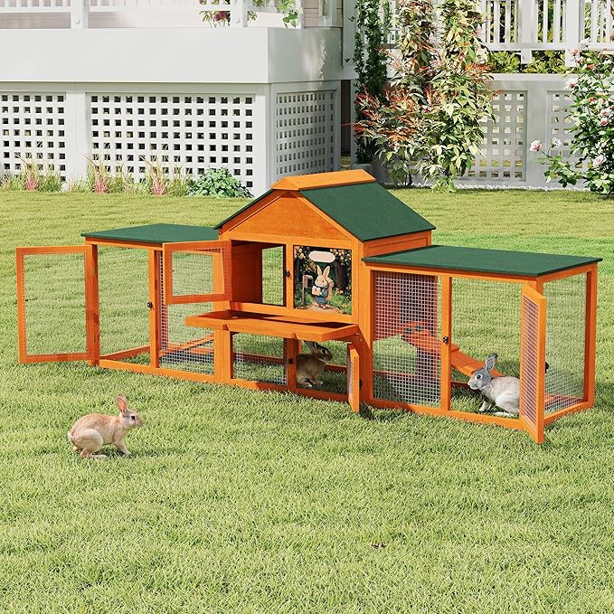COZIWOW 82” Extra Large Fashion Wooden Outdoor Rabbit Hutch Bunny Cage Indoor Easy to Assemble and Durable with Cleaning Tray & Waterproof Roof for Small & Medium Bunny Rabbit Duck Chick (Orange)