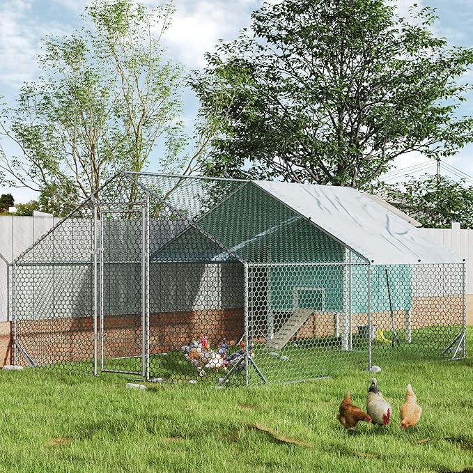 4ever2buy Large Metal Chicken Coop with Run Walk-in Poultry Cage Chicken Runs House Pen Cage Spire Roofed Chicken Coops with Anti-Ultraviolet Cover for Outdoor Yard Farm Use 9.8’L x 13.1’W x 6.4’H